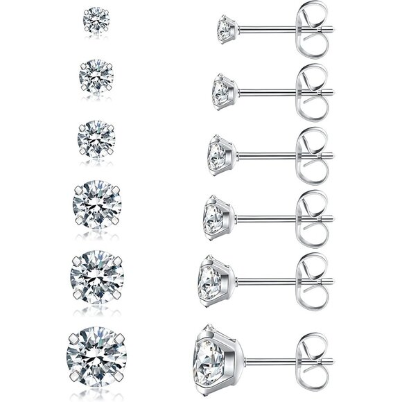6 Pairs Hypoallergenic CZ Stud Earrings Set - Stainless Steel, 3-8mm - Picture 1 of 9